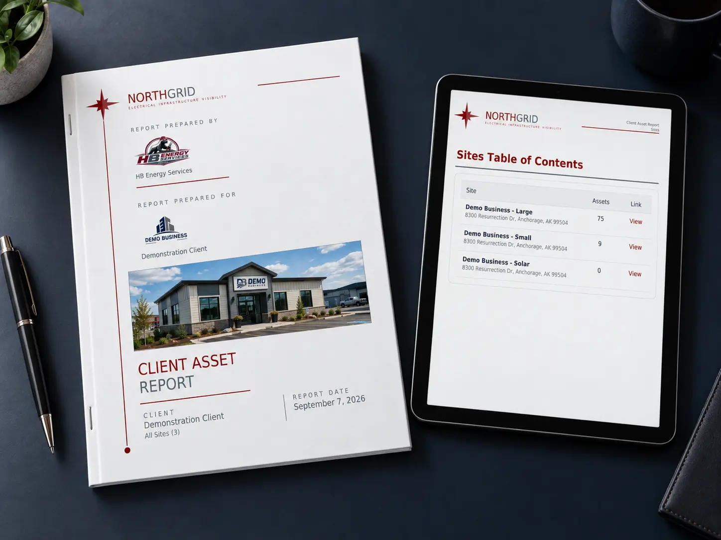 Printed NorthGrid client asset report beside a tablet showing the report's sites table of contents